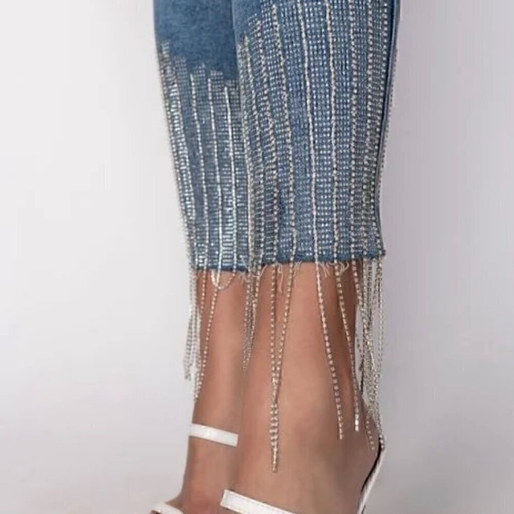EUC - AKIRA Label Too Good High Waisted Rhinestone Fringe Skinny Jeans - Size 13 - Picture 5 of 15